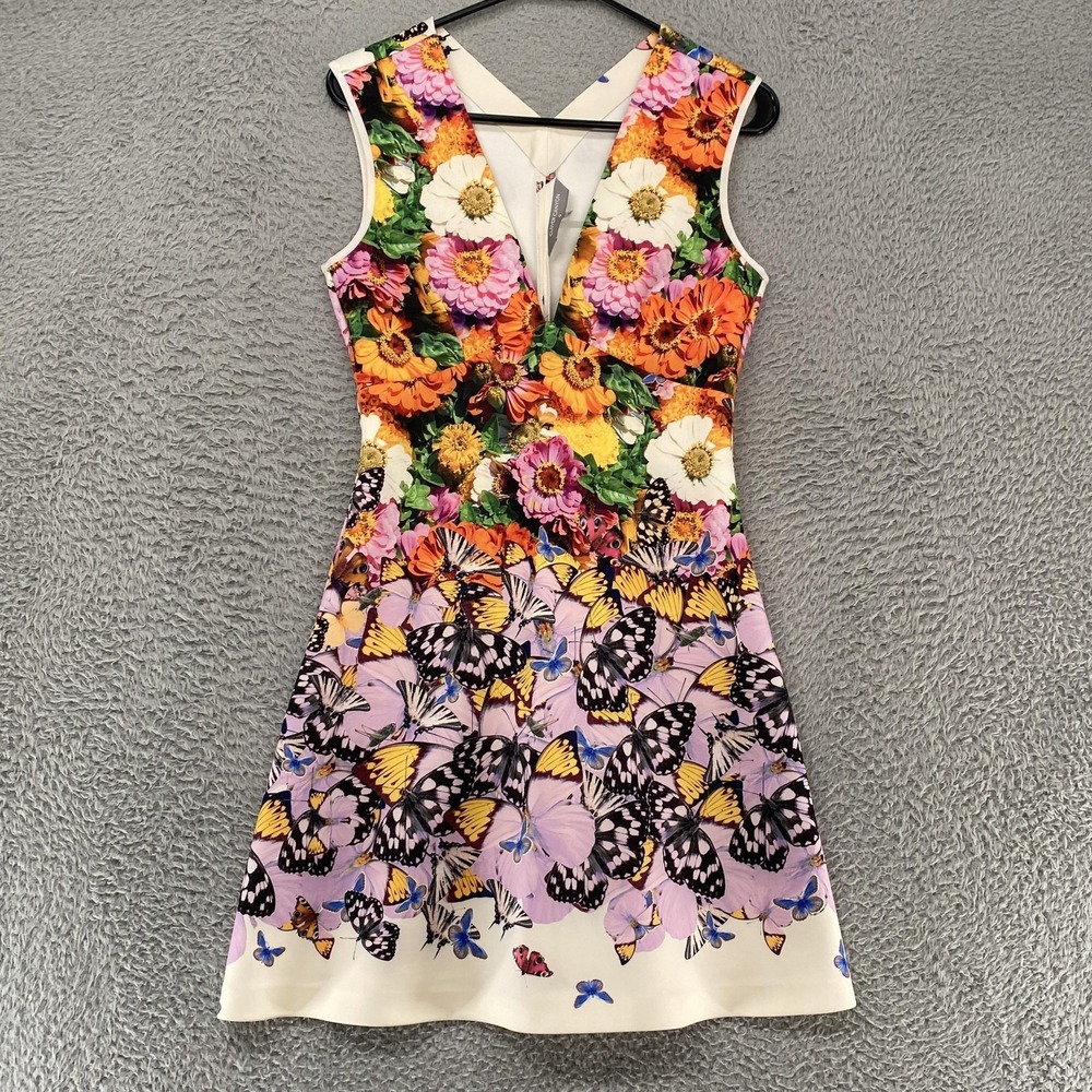 Clover Canyon Dress Womens S Floral Butterfly Petals Scuba Fit Flare V Neck